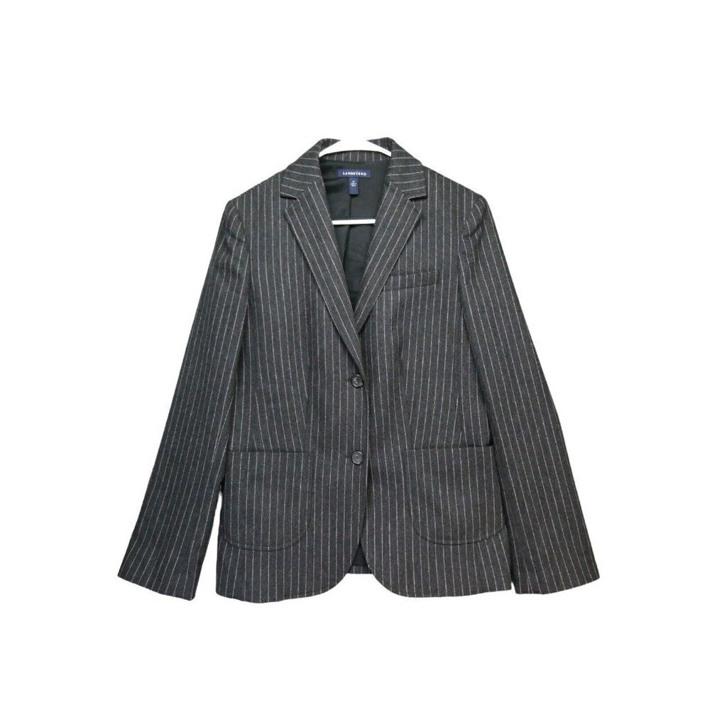 Land's End Wool Cashmere Blazer Jacket Pin Stripe Grey Pink‎ Sz 10 Tall